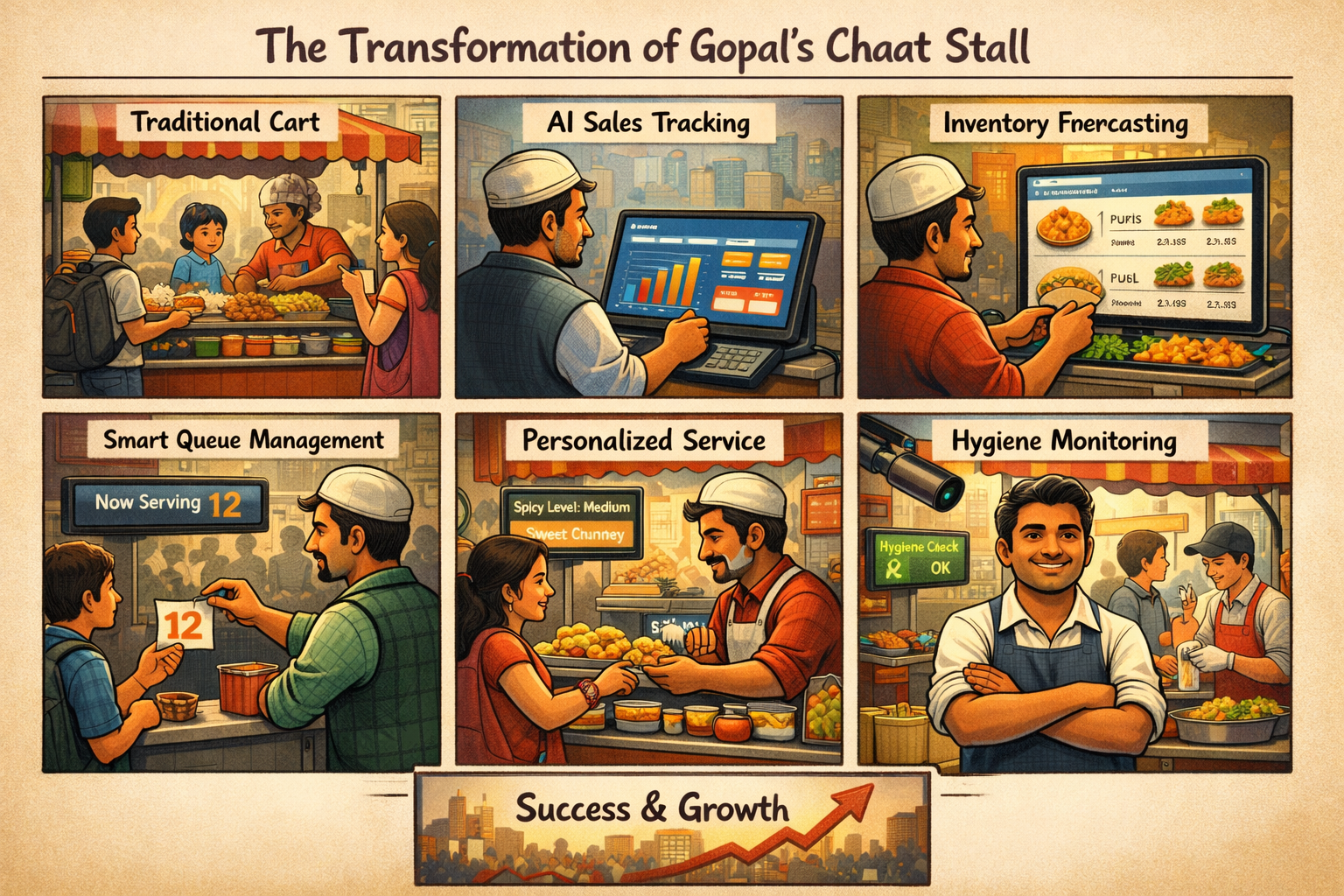 A local food cart transformed by AI technology showing phases of growth